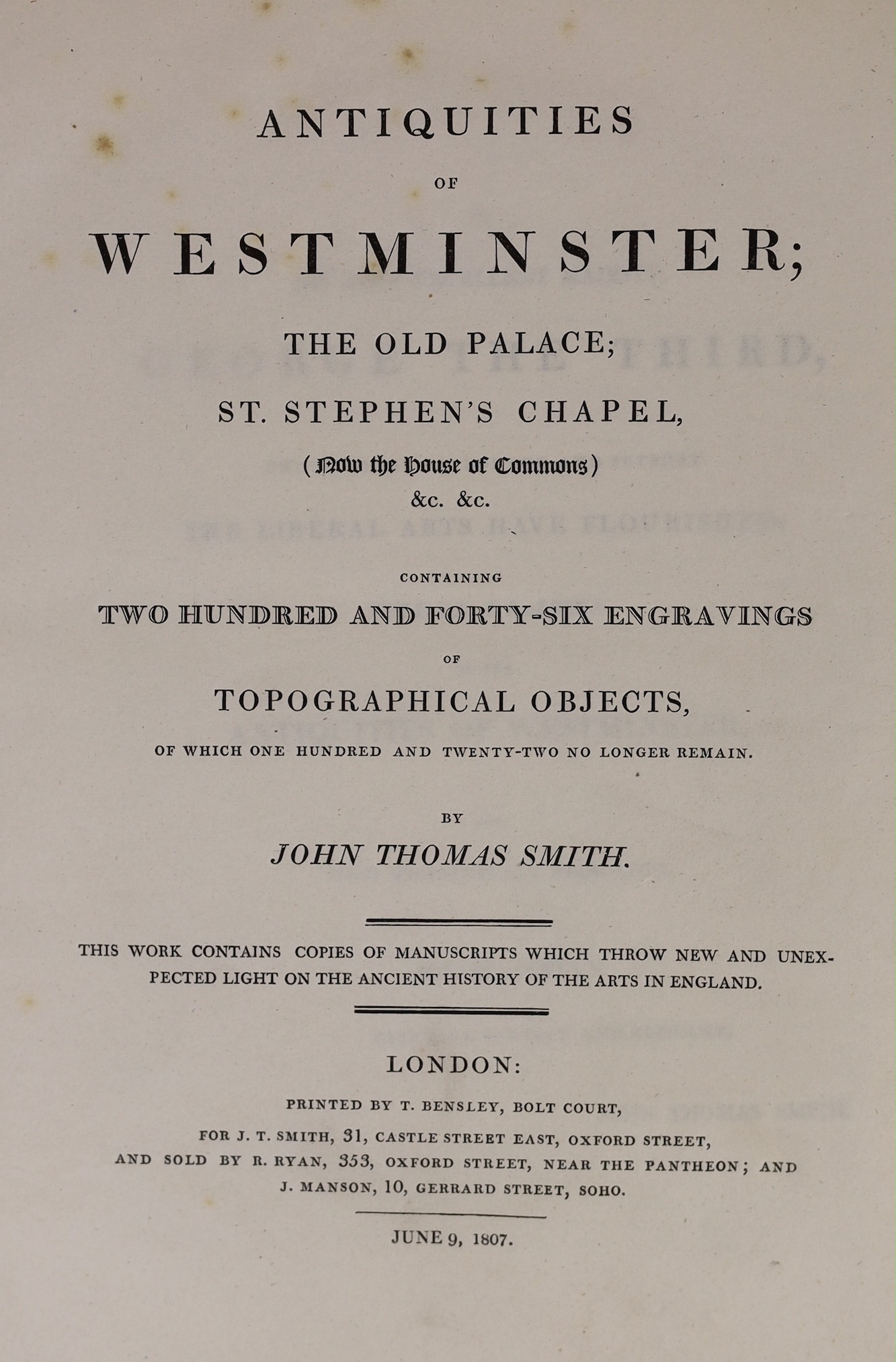 Smith, John Thomas - Antiquities of Westminster; the Old Palace; St. Stephen's Chapel ....&c.&c....37 engraved plates (13 hand coloured); old maroon half morocco and marbled boards, gilt decorated and panelled spine, ge.